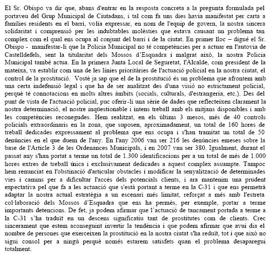 Resposta de l'Equip de Govern Municipal de l'Ajuntament de Gavà al prec de C's sobre la prostitució a Gavà Mar (30 d'Abril de 2008)
